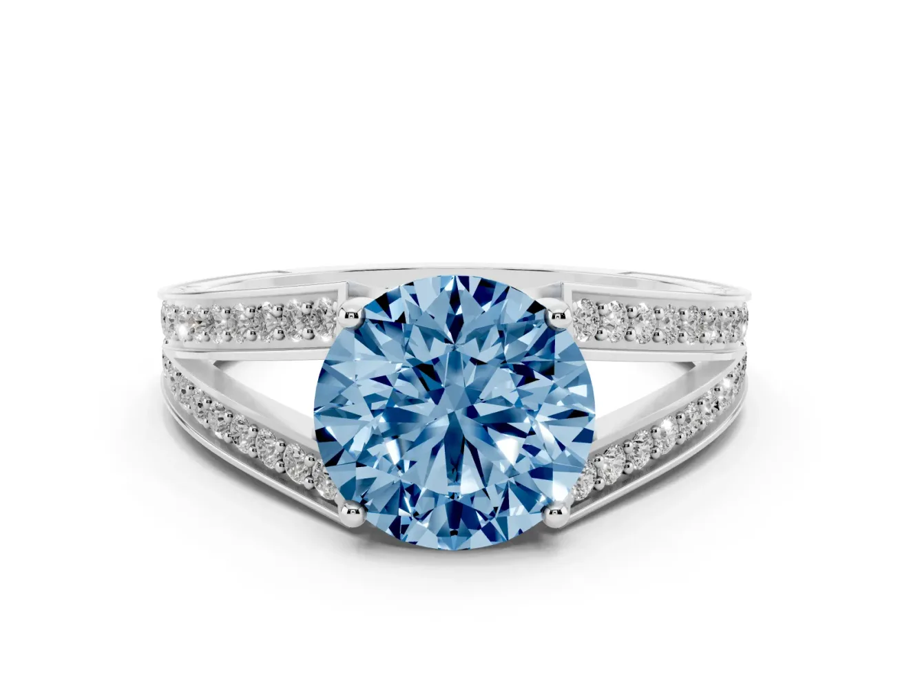 Fancy Blue Round Cut Diamond Split Shank Ring Set in White gold with Pavé Band and Prong Setting