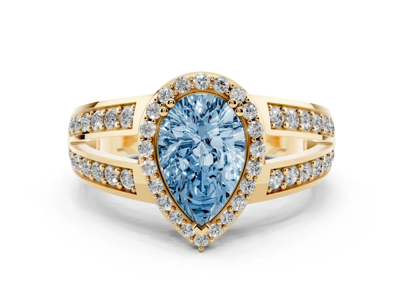Pear-Shaped Halo Engagement Ring Setting for a Fancy Blue Lab-Grown Diamond | Two-Row Pave Split Shank | Yellow Gold