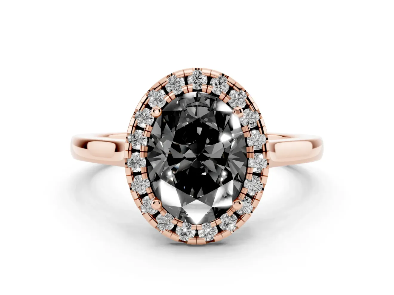 Fancy Black Oval Cut Halo Round Diamond Solitaire Ring Set in Rose gold with Pavé Band and Prong Setting