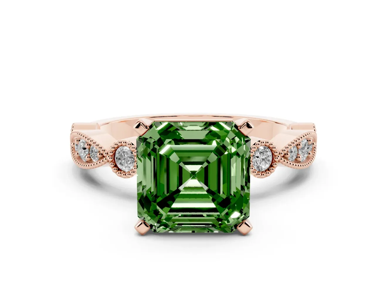 Fancy Green Asscher Cut Diamond Solitaire Engagement Ring Set in Rose gold with Milgrain Bezel Accent Band