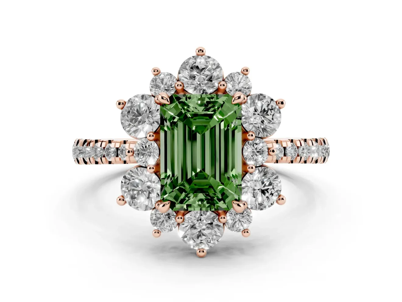 Fancy Green Emerald Cut Diamond Floral Halo Ring Set in Rose gold with Round Pavé Band and Prong Setting