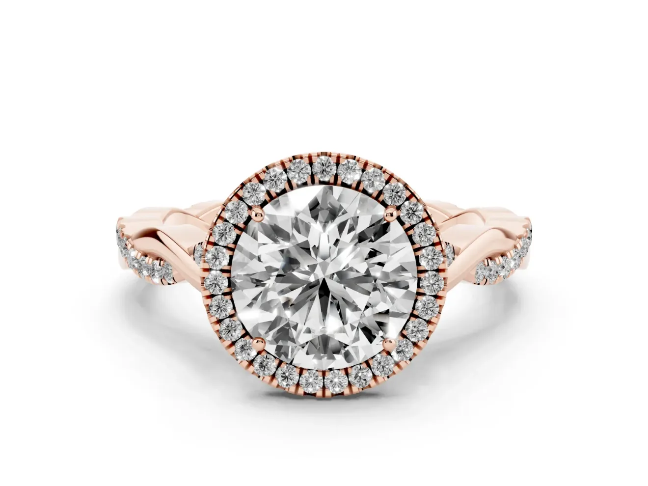 Round Halo Engagement Ring Setting | Pavé Twist Band | Rose Gold