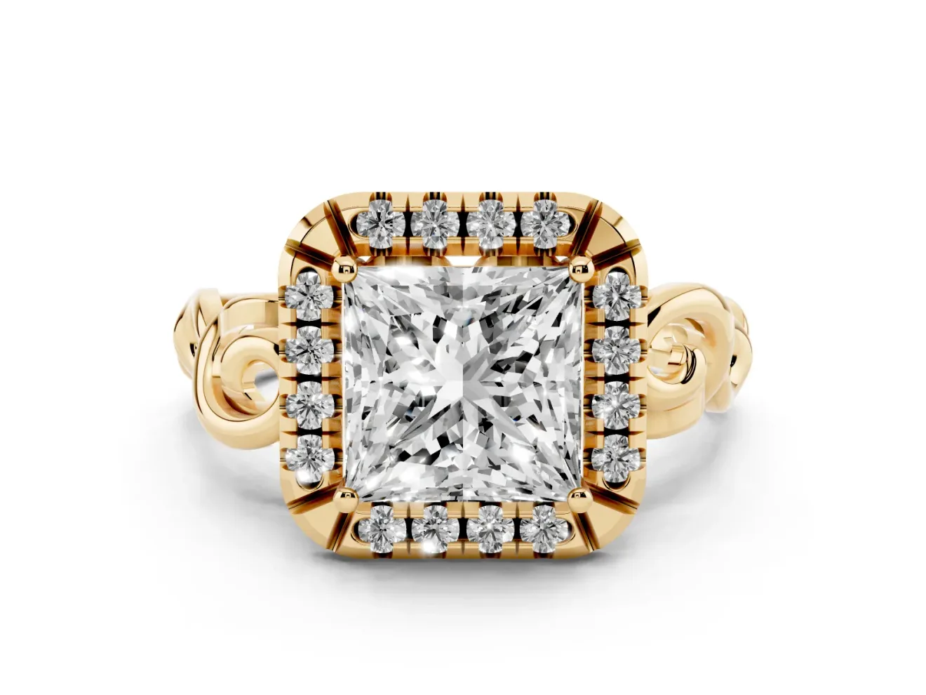 Princess Cut Vintage Filigree Halo Engagement Ring Setting | Scroll Shoulders | Yellow Gold