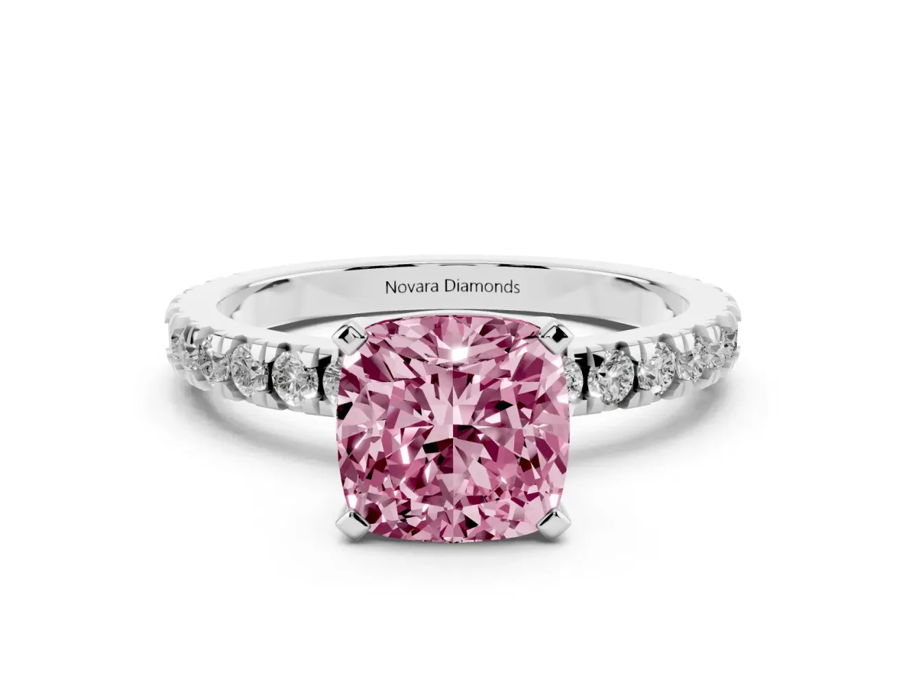 Fancy Pink Cushion Cut Diamond Pavé Band Solitaire Set in White gold with Prong Setting