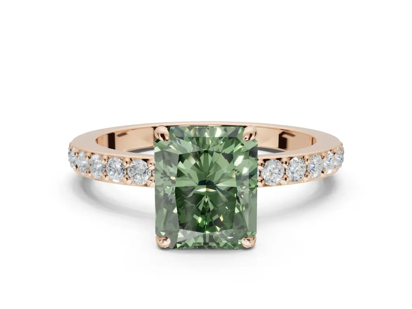 Radiant Cut Hidden Halo Engagement Ring Setting for a Fancy Green Lab-Grown Diamond | Pavé Band | Rose Gold