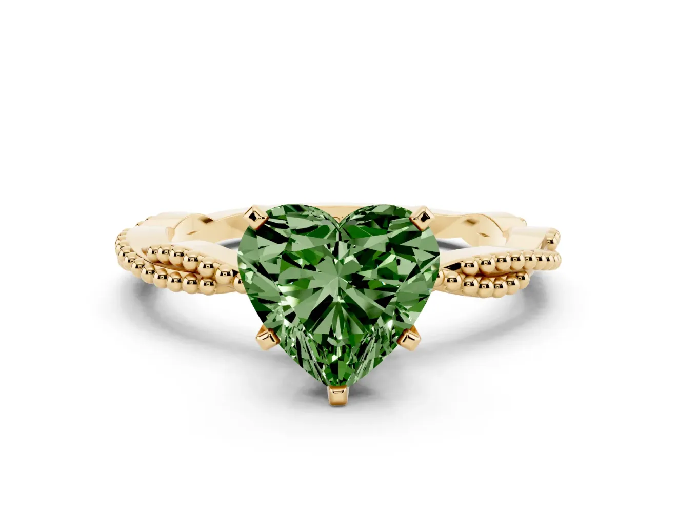 Fancy Green Heart Cut Diamond Solitaire Ring Set in Yellow gold with Twisted Band and Bead Prong Setting