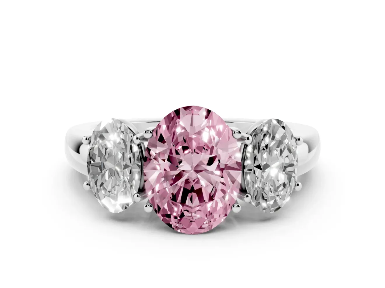 Fancy Pink Oval Cut Diamond Three-Stone Ring Set in Silver with Bold Center and Classic Band