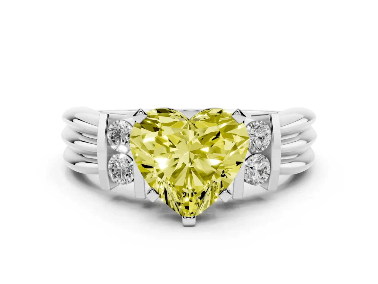 Fancy Yellow Three-Stone Heart Cut Diamond Channel Set Ring Set in Silver with Bar Prongs