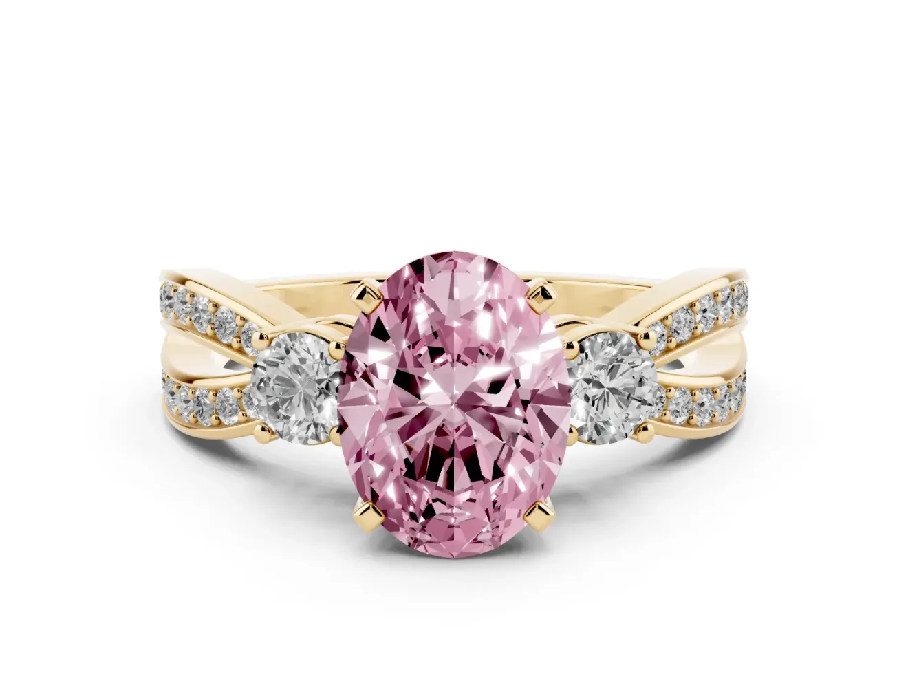 Fancy Pink Three-Stone Oval Cut Diamond Twist Band Ring Set in Yellow gold with Pavé Accents and Prong Setting