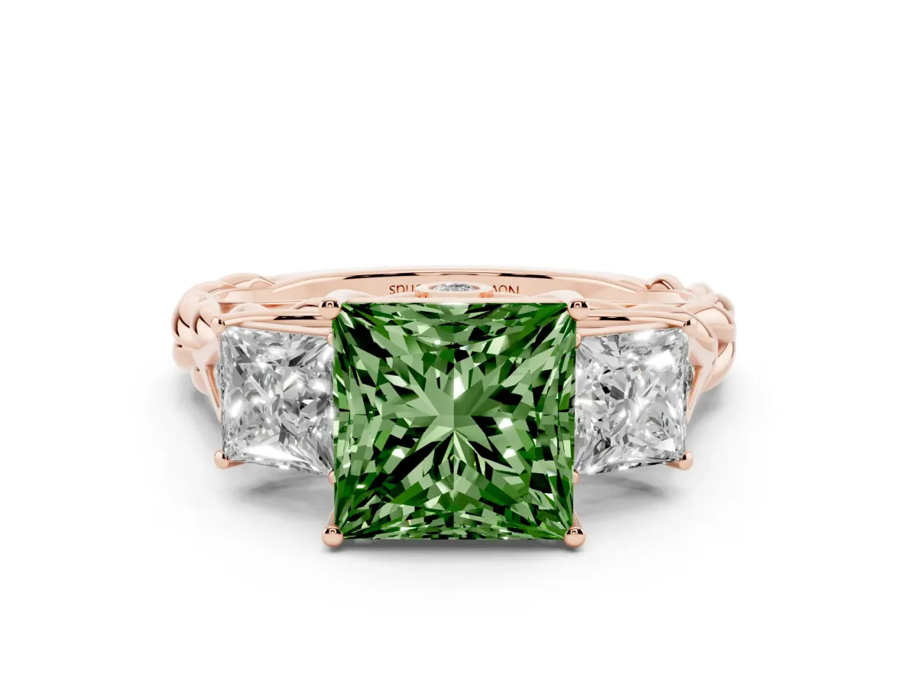 Princess Cut Three Stone Engagement Ring Setting for a Fancy Green Lab-Grown Diamond | Braided Band | Rose Gold