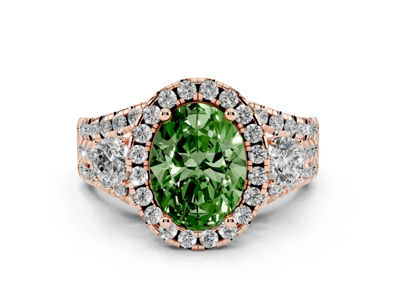 Oval Halo Split Shank Engagement Ring Setting for a Fancy Green Lab-Grown Diamond | Round Side Stones | Rose Gold