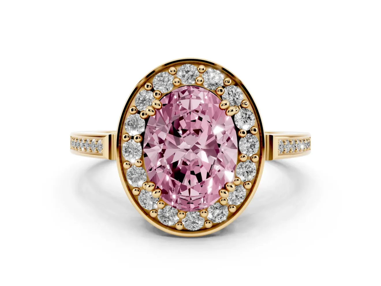 Oval Halo Engagement Ring Setting for a Fancy Pink Lab-Grown Diamond | Polished Halo Rim | Yellow Gold