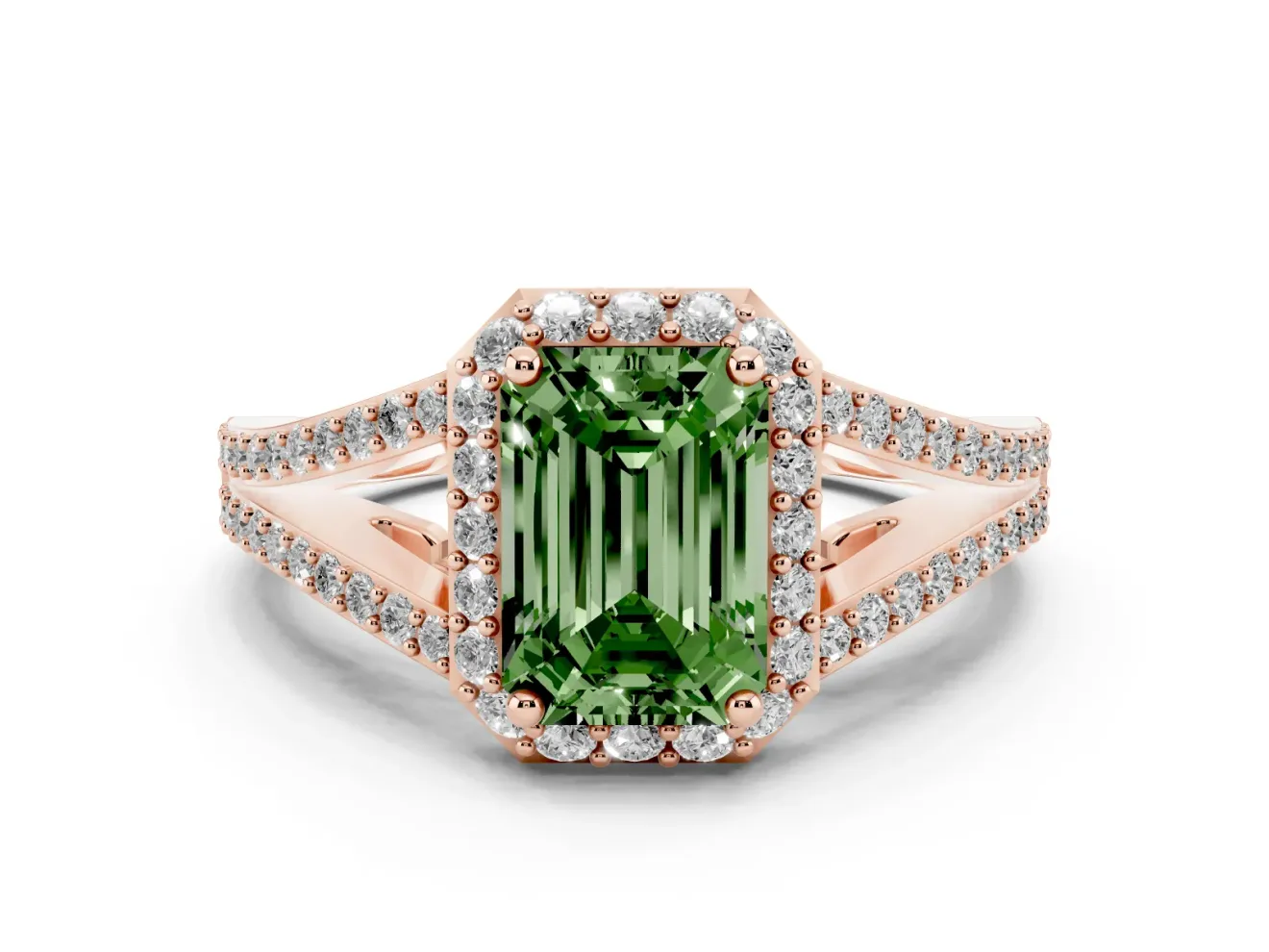Emerald Cut Split Shank Halo Engagement Ring Setting for a Fancy Green Lab-Grown Diamond | Rose Gold