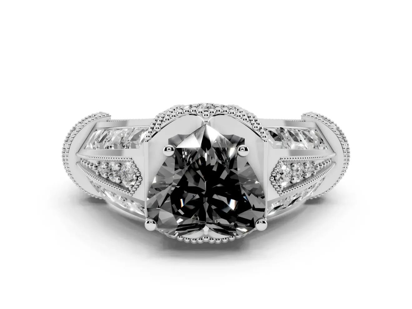 Fancy Black Heart Cut Diamond Vintage-Inspired Milgrain Ring Set in Silver with Accent Split Shank