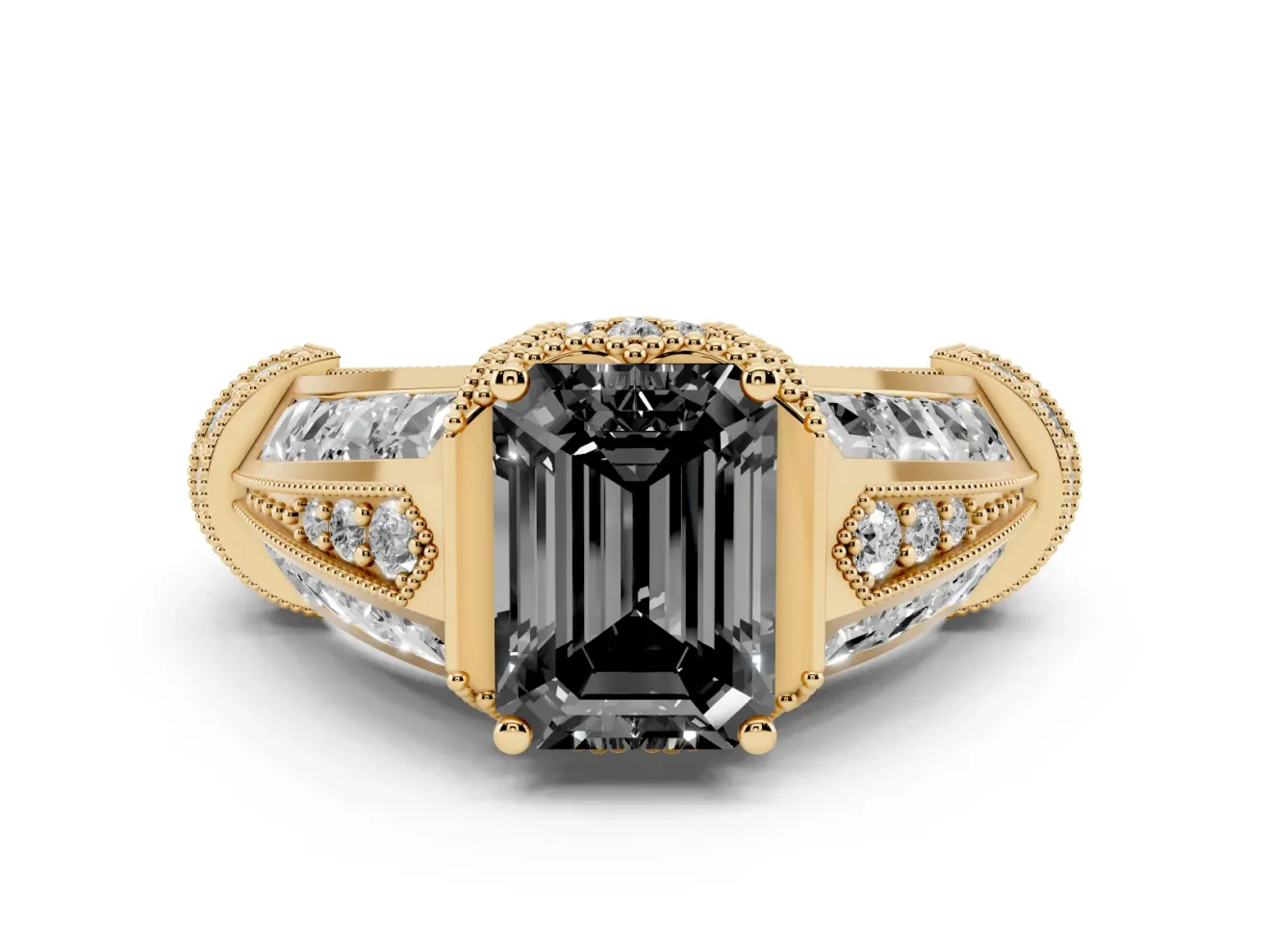 Fancy Black Emerald Cut Diamond Vintage-Inspired Milgrain Ring Set in Yellow gold with Accent Split Shank