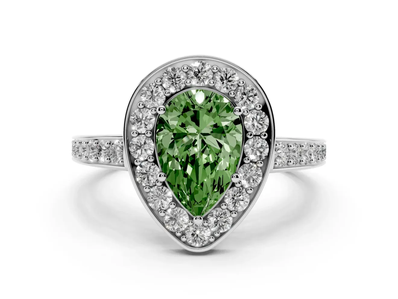 Fancy Green Pear Cut Diamond Halo Pavé Engagement Ring Set in Silver with Bezel Setting