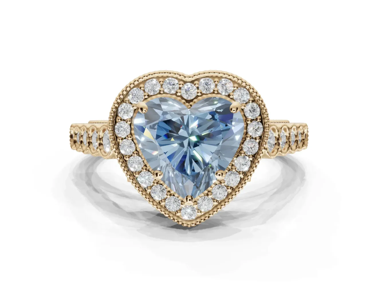 Heart-Shaped Graduated Milgrain Halo Engagement Ring Setting for a Fancy Blue Lab-Grown Diamond | Yellow Gold