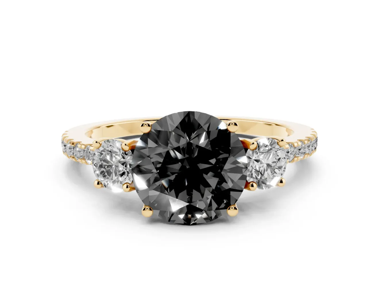 Fancy Black Round Cut Diamond Three-Stone Ring Set in Yellow gold with Pavé Band and Graduated Sides