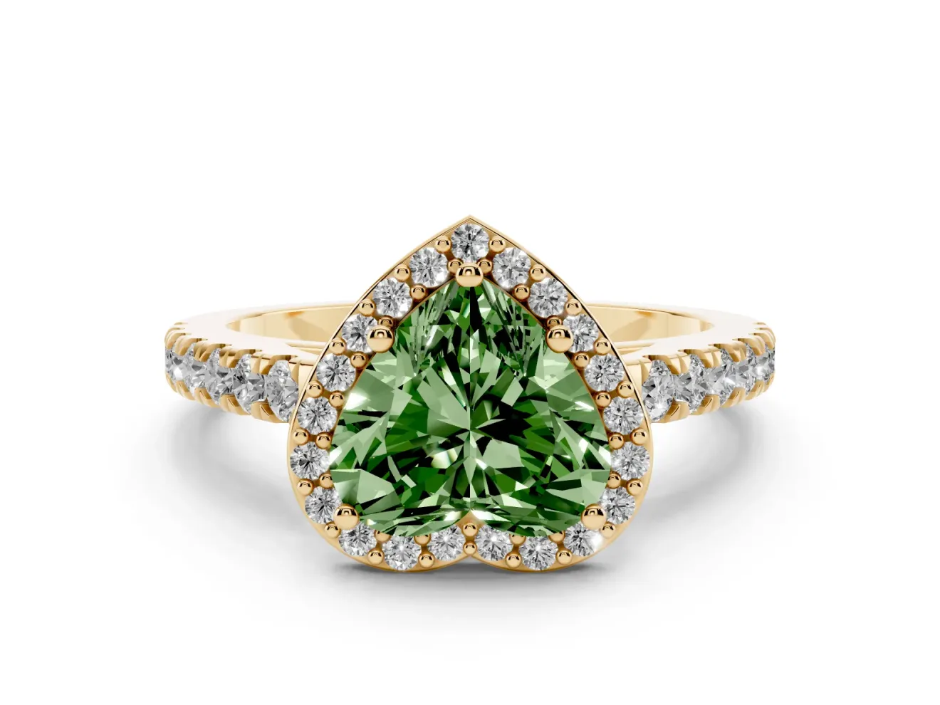 Fancy Green Heart Cut Diamond Halo Engagement Ring Set in Yellow gold with Pavé Band and Prong Setting