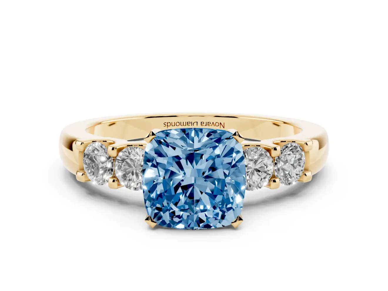 Fancy Blue Cushion Cut Diamond Five-Stone Prong Set Engagement Ring Set in Yellow gold with Channel Band