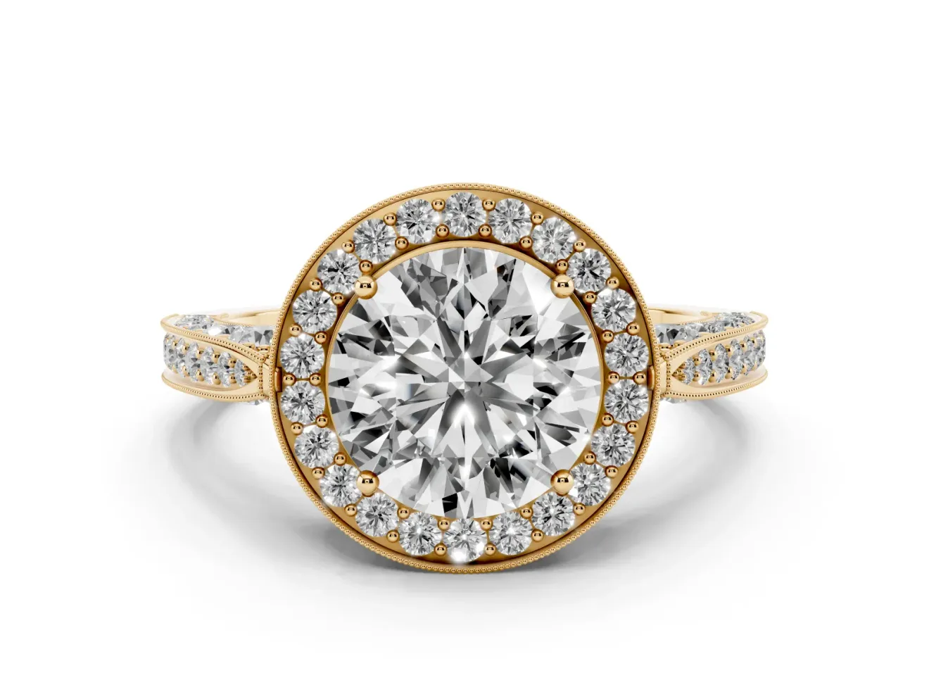 Round Vintage Milgrain Halo Engagement Ring Setting | Side Stones and Pave | Yellow Gold