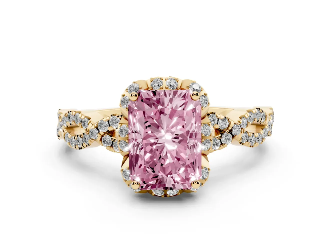 Radiant Cut Milgrain Halo Engagement Ring Setting for a Fancy Pink Lab-Grown Diamond | Graduated Shoulders | Yellow Gold
