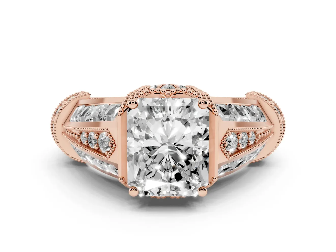 Radiant Cut Diamond Vintage-Inspired Milgrain Ring Set in Rose gold with Accent Split Shank
