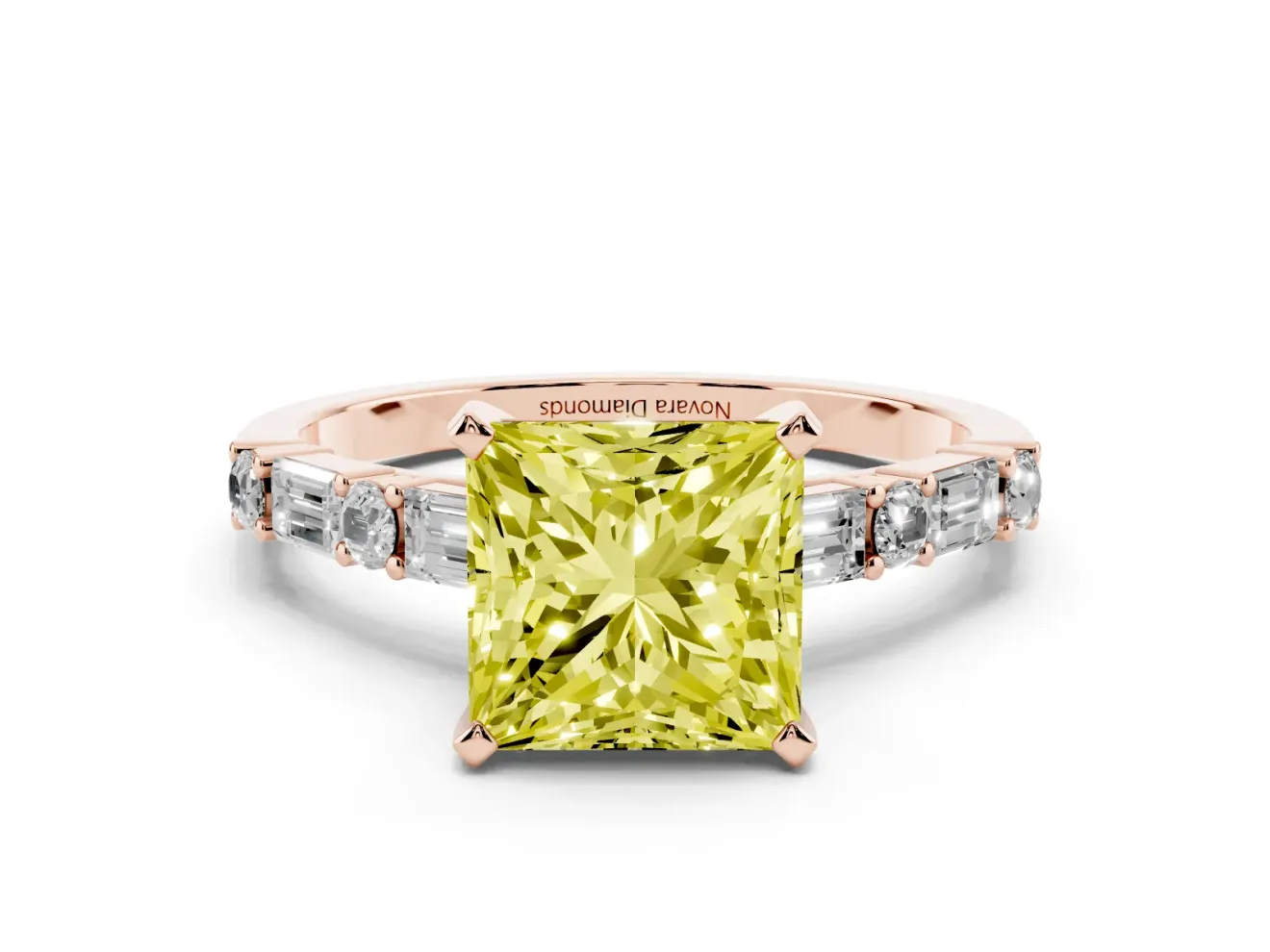 Fancy Yellow Princess Cut Diamond Solitaire Set in Rose gold with Side Baguettes and Channel Set Band