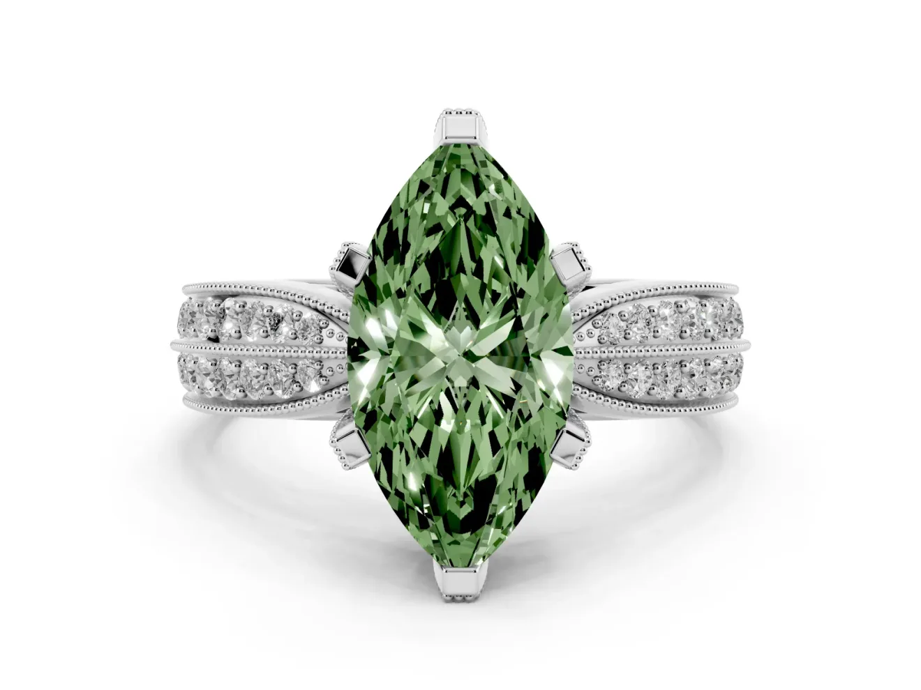 Fancy Green Marquise Cut Diamond Solitaire Ring Set in Platinum with Milgrain Double Row Round Pavé Band