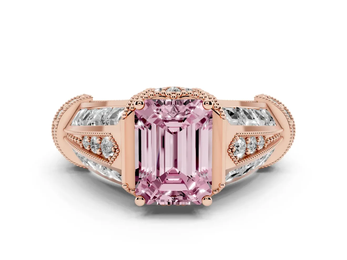 Emerald Cut Vintage Milgrain Engagement Ring Setting for a Fancy Pink Lab-Grown Diamond | Hidden Halo | Rose Gold