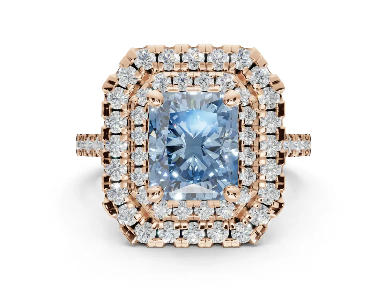 Fancy Blue Radiant Cut Lab-Grown Diamond Double Halo Statement Ring Set in Rose Gold with Pavé Band