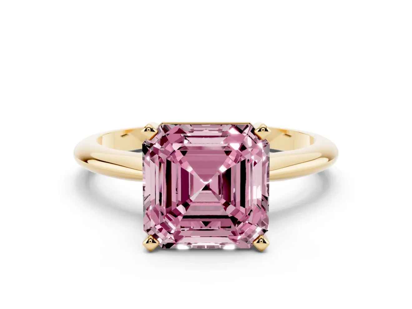 Fancy Pink Asscher Cut Diamond Solitaire Ring Set in Yellow gold with Prong Setting on a Plain Round Band