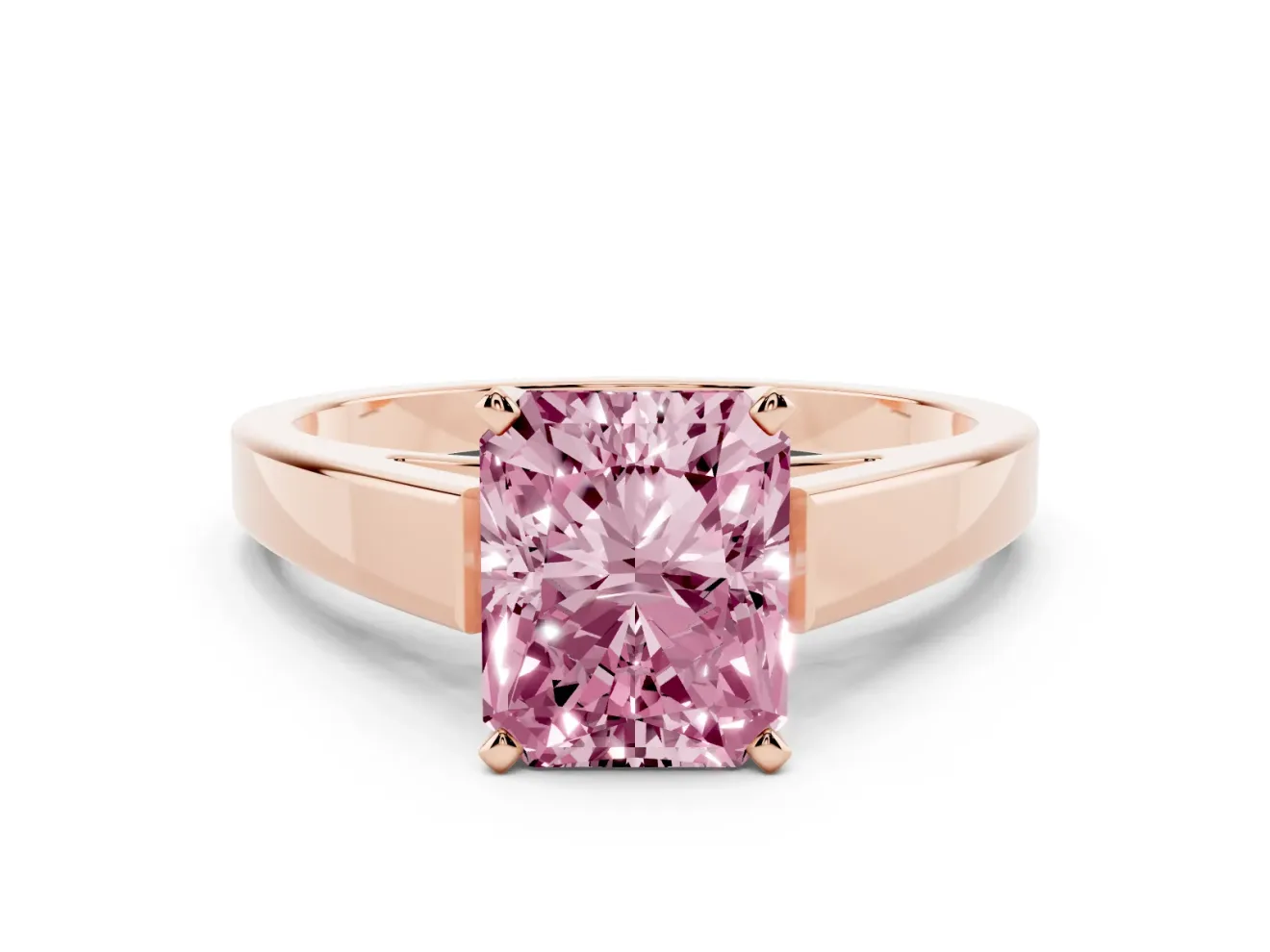 Fancy Pink Radiant Cut Diamond Solitaire Engagement Ring Set in Rose gold with Prong Setting and Tapered Band