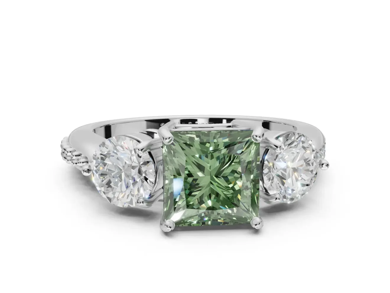 Princess Cut Three Stone Engagement Ring Setting for a Fancy Green Lab-Grown Diamond | Tapered Pave Band | White Gold