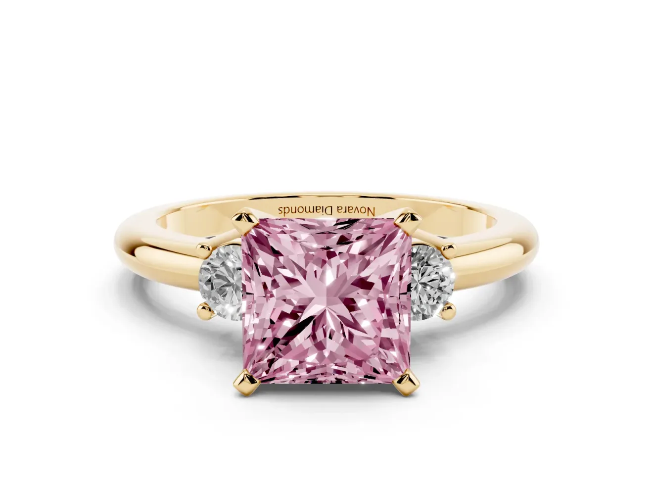 Princess Cut Three Stone Engagement Ring Setting for a Fancy Pink Lab-Grown Diamond | Round Side Stones | Yellow Gold
