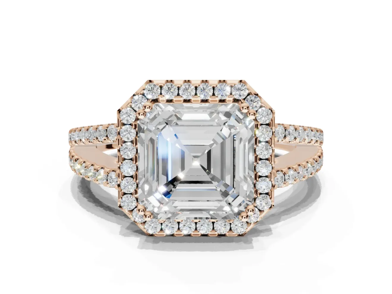 Asscher Cut Halo Split Shank Engagement Ring Setting | Pavé Shoulders | Rose Gold