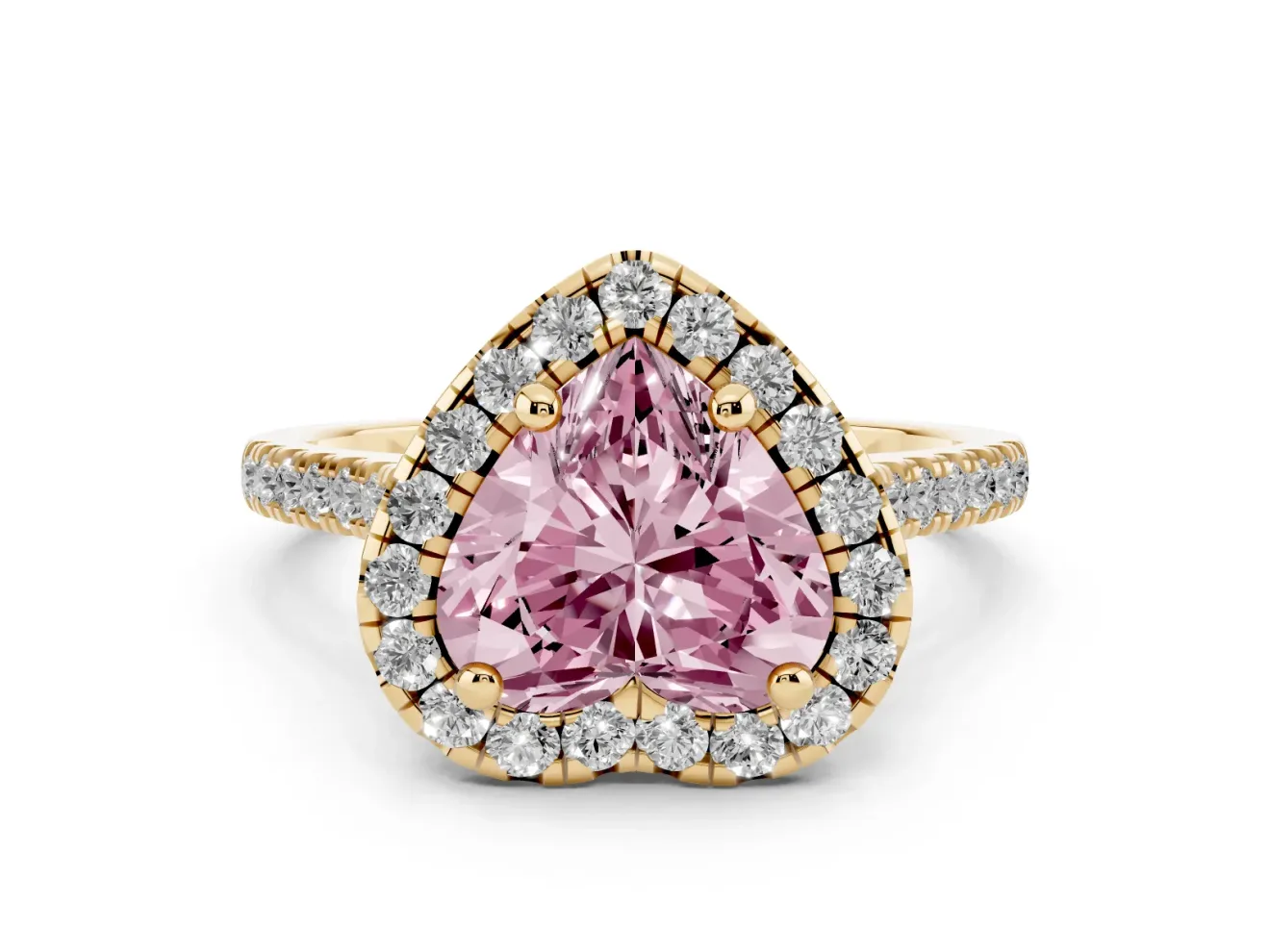 Heart-Shaped Halo Engagement Ring Setting for a Fancy Pink Lab-Grown Diamond | Tapered Band | Yellow Gold