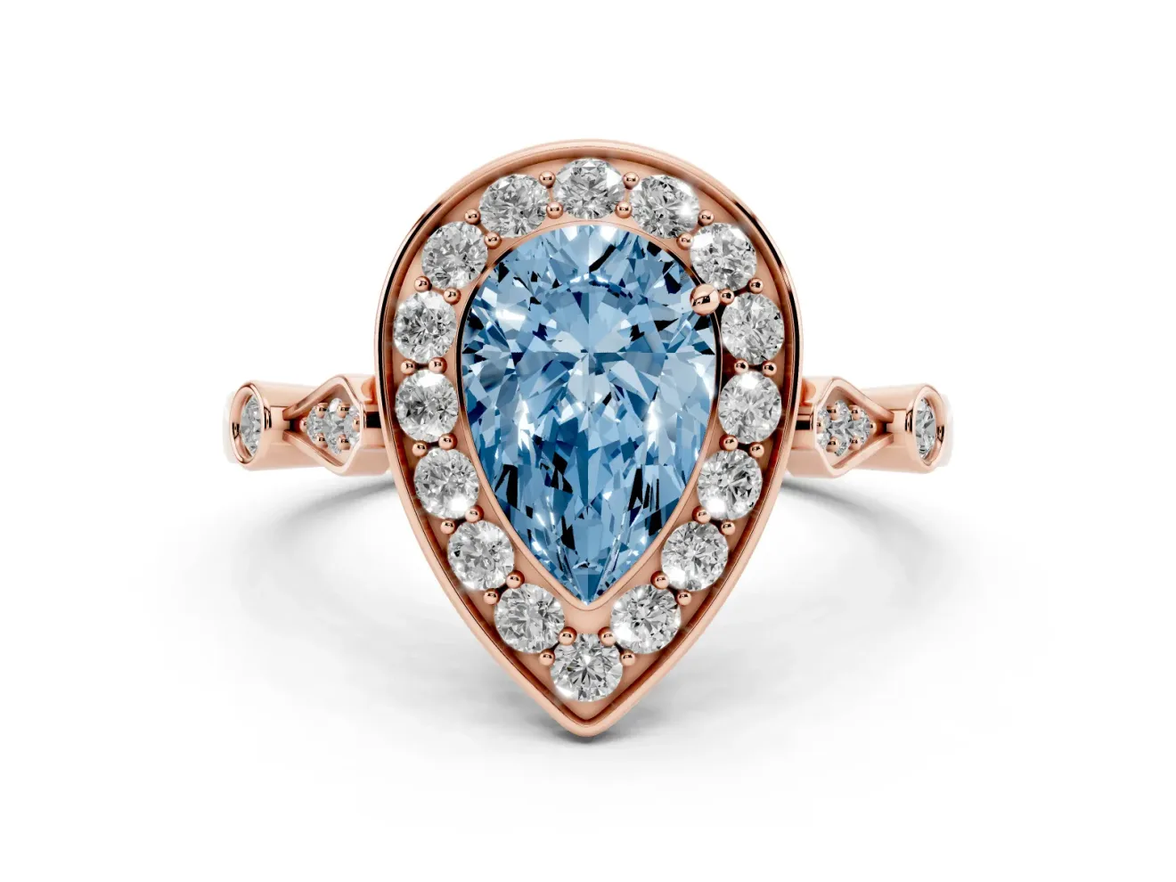 Fancy Blue Pear Cut Diamond Halo Engagement Ring Set in Rose gold with Twisted Band and Prong Setting