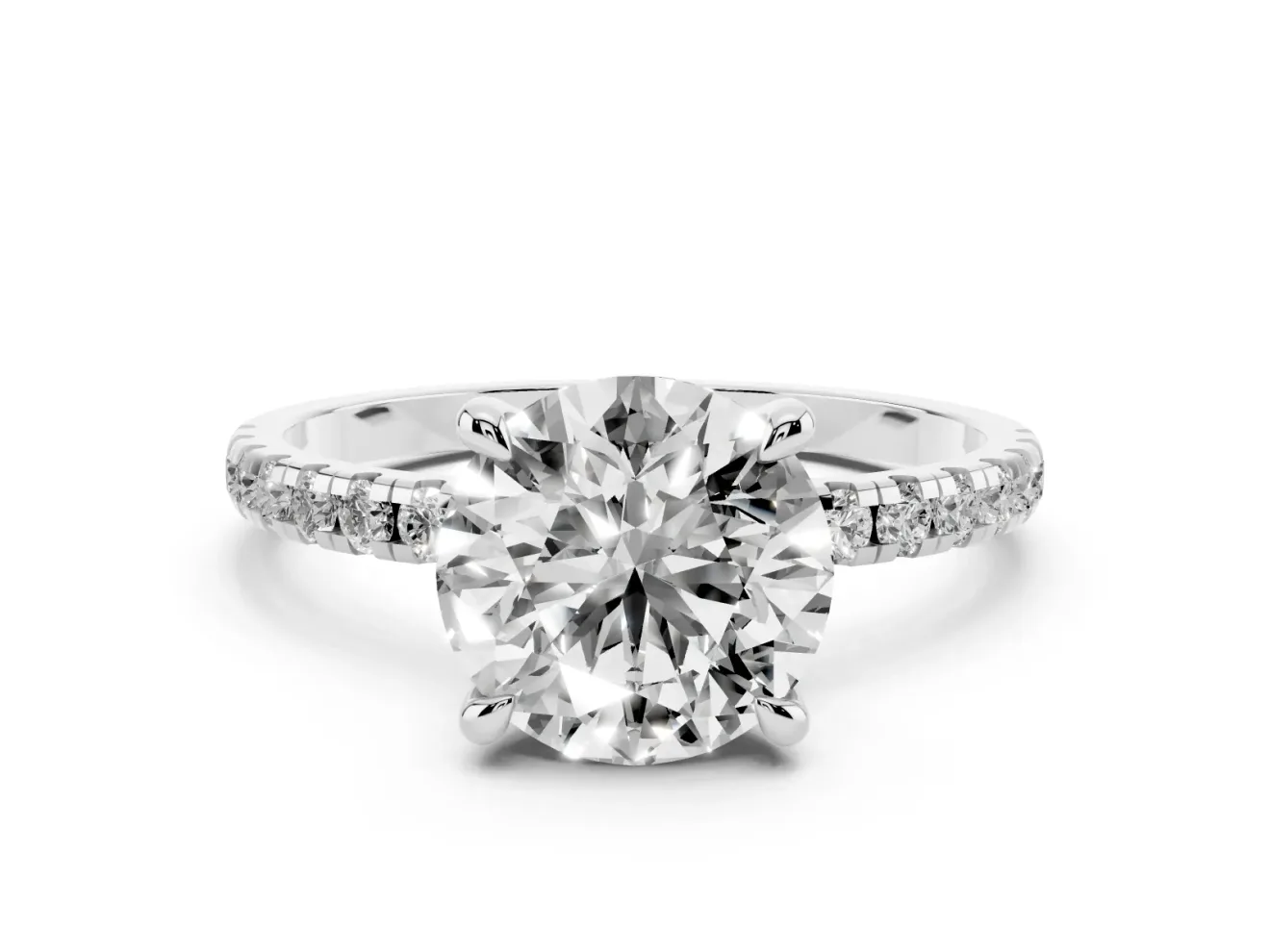 Round Cut Diamond Brilliant Solitaire Ring Set in Platinum with Pavé Band and Prong Setting