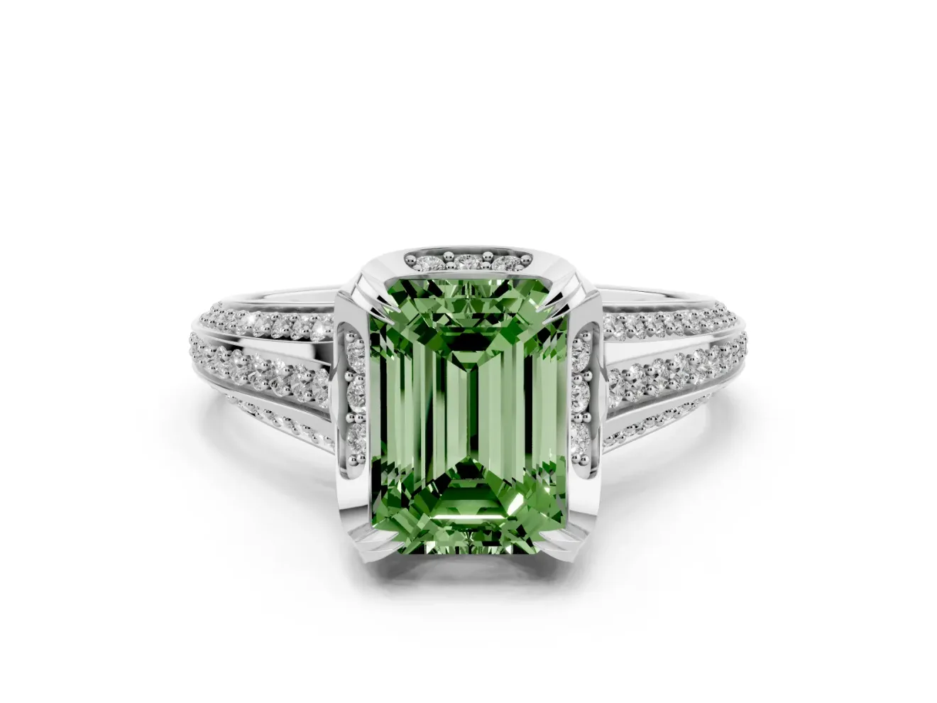 Fancy Green Emerald Cut Diamond Pavé Split Shank Solitaire Ring Set in Platinum with Prong Setting