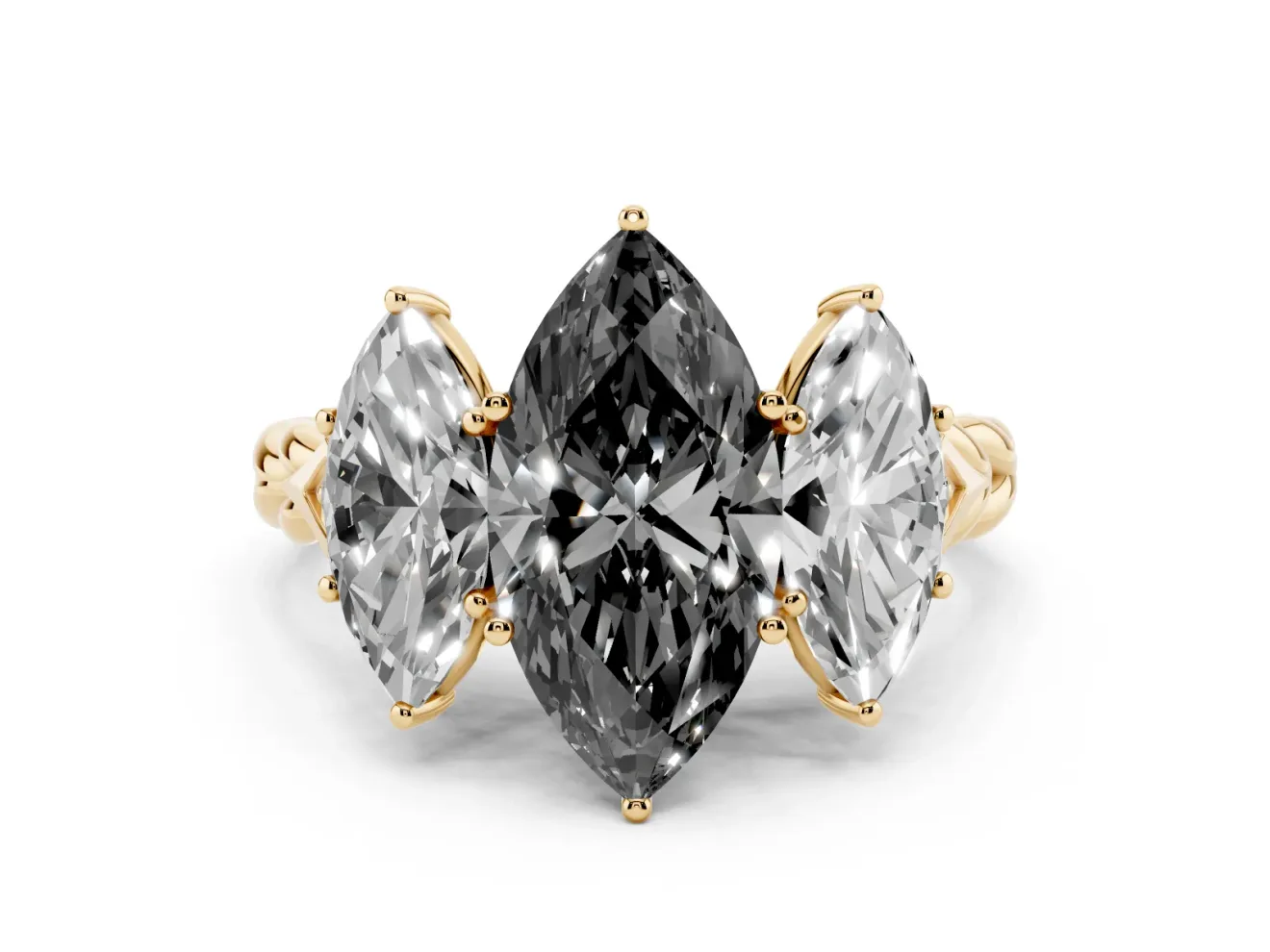 Fancy Black Marquise Cut Diamond Three-Stone Ring Set in Yellow gold with Braided Band