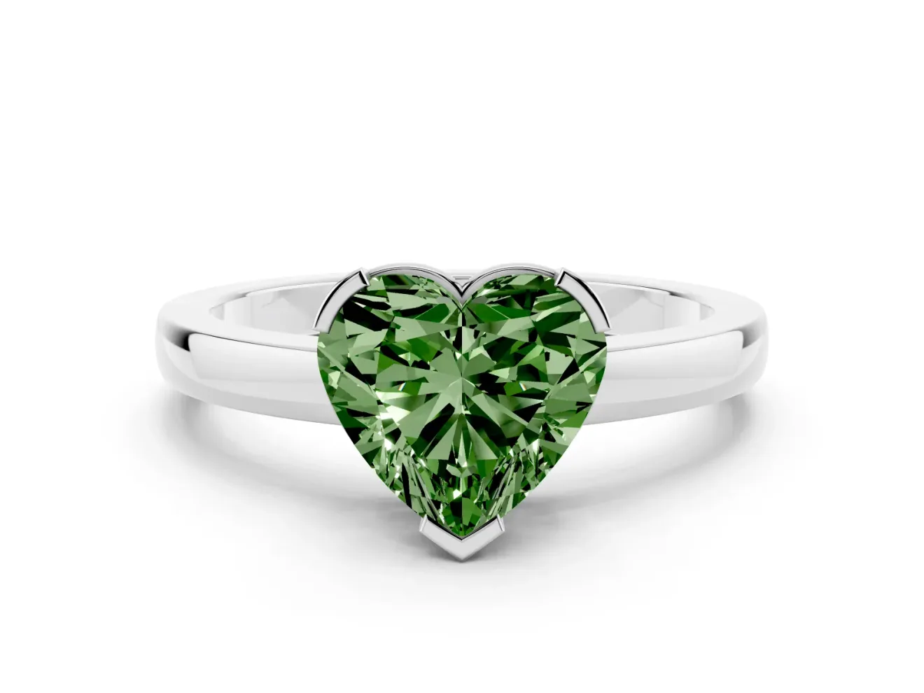 Fancy Green Heart Cut Diamond Solitaire Ring Set in Silver with Prong Head and Smooth Polished Band