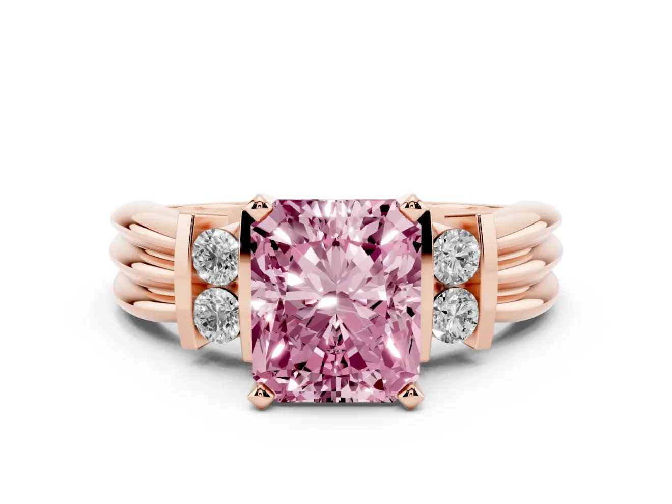 Fancy Pink Three-Stone Radiant Cut Diamond Channel Set Ring Set in Rose gold with Bar Prongs