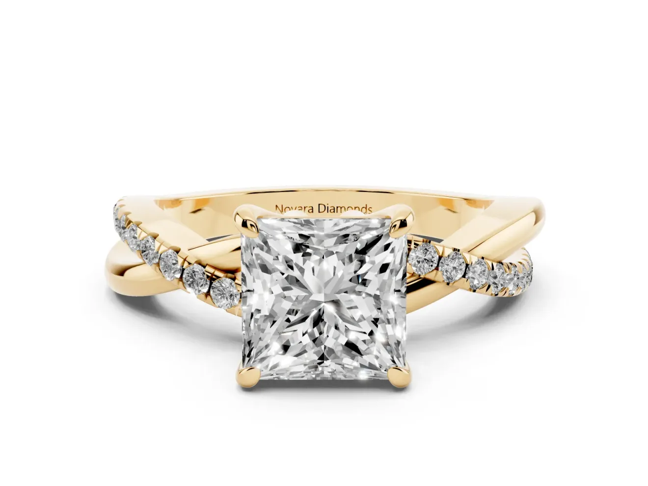 Princess Cut Diamond Twist Band Solitaire Set in Yellow gold with Pavé Accents and Prong Setting