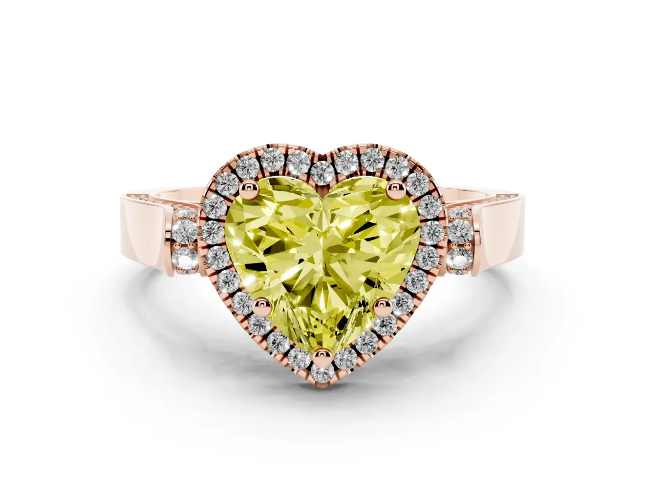 Heart-Shaped Halo Engagement Ring Setting for a Fancy Yellow Lab-Grown Diamond | Pointed Pave Shoulders | Rose Gold