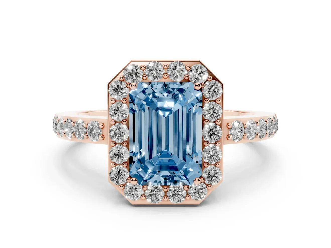 Fancy Blue Emerald Cut Diamond Halo Ring Set in Rose gold with Pavé-Setting Band and Open Prong Center