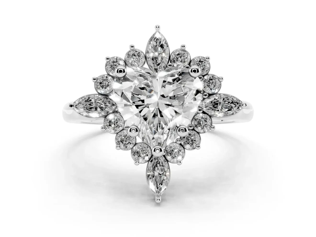 Heart Cut Diamond Cluster Halo Ring Set in Platinum with Marquise and Round Accents