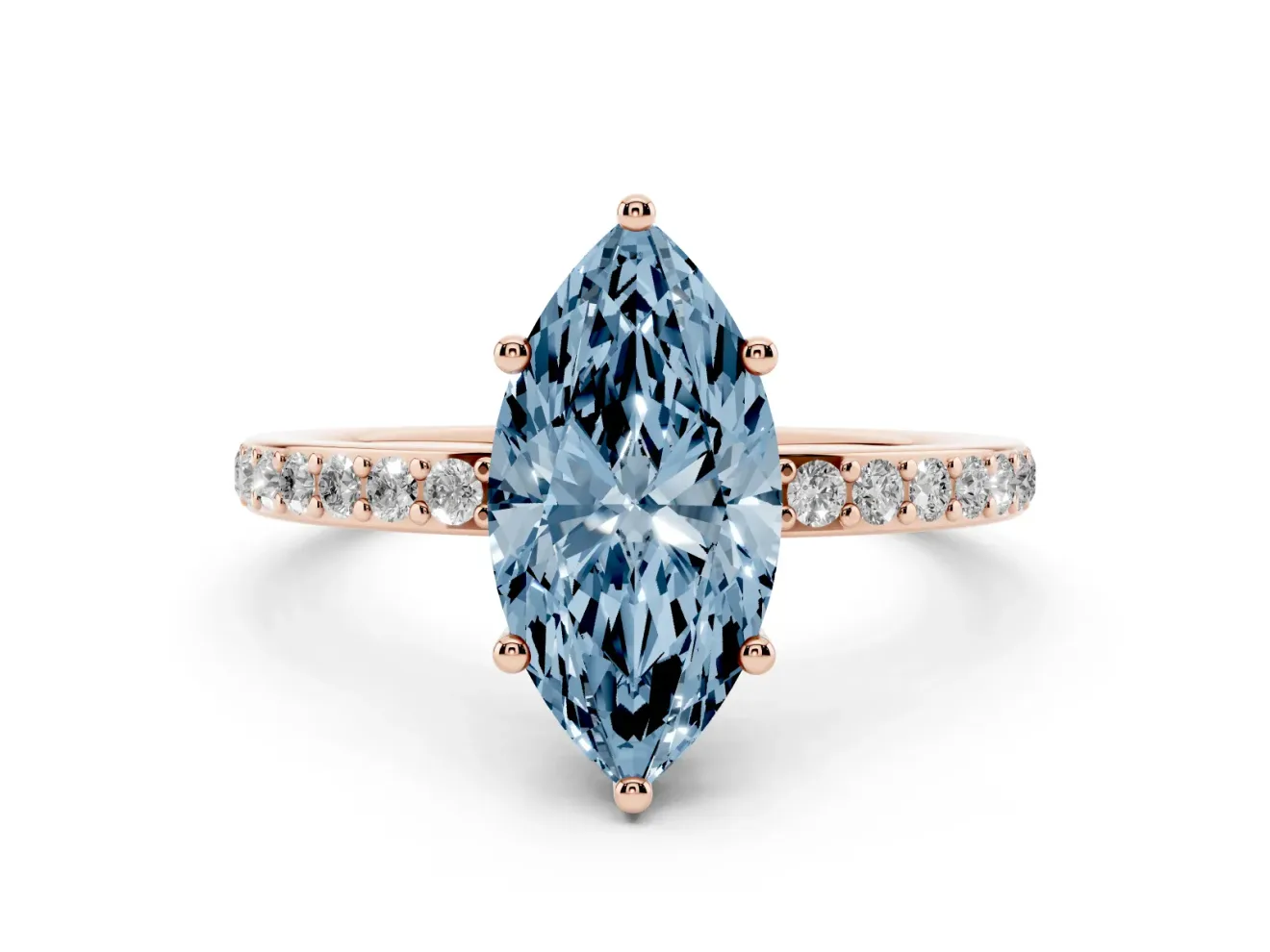 Fancy Blue Marquise Cut Diamond Pavé Band Ring Set in Rose gold with Prong-Set Center Stone
