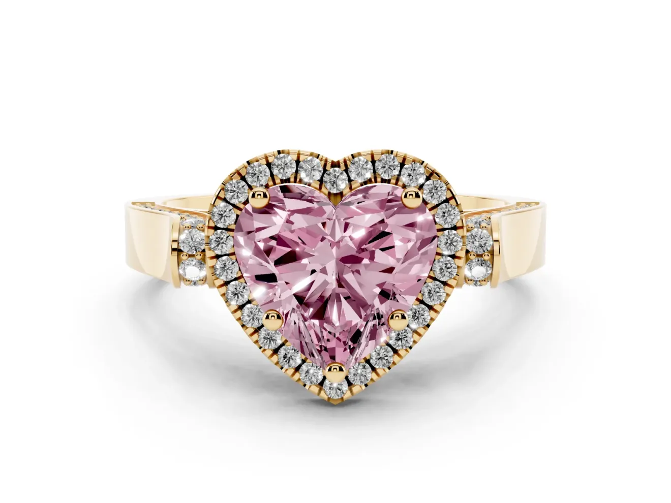 Heart-Shaped Halo Engagement Ring Setting for a Fancy Pink Lab-Grown Diamond | Pointed Pave Shoulders | Yellow Gold