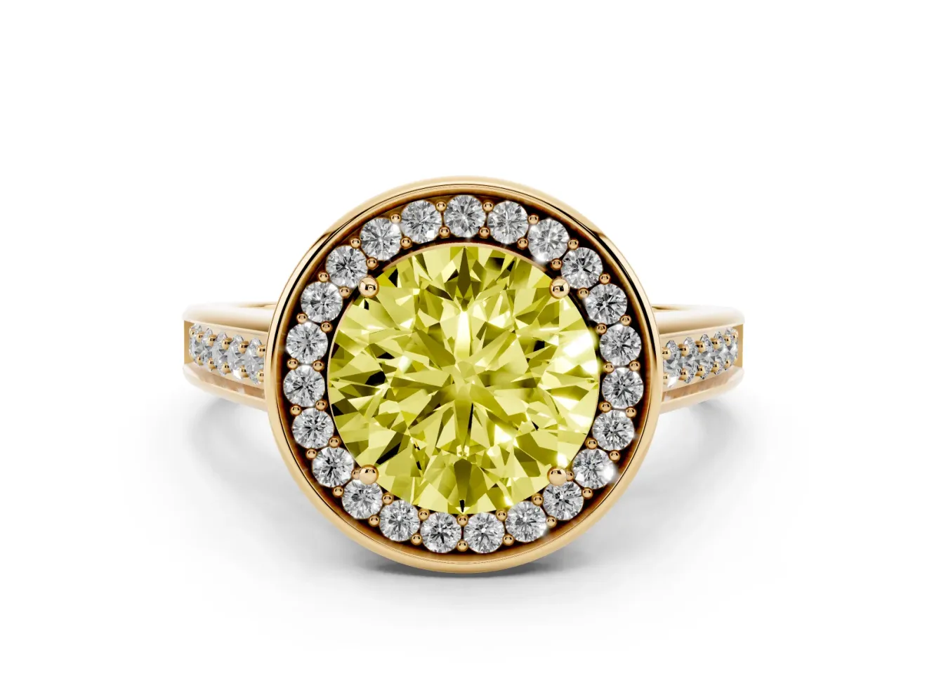 Round Rimmed Halo Engagement Ring Setting for a Fancy Yellow Lab-Grown Diamond | Yellow Gold